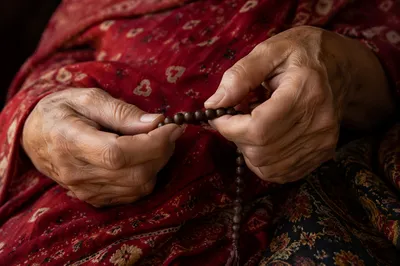 Elderly Hands Holding Rosary in Prayer