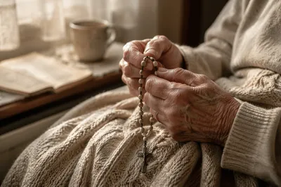 Elderly Hands Holding Rosary in Prayer