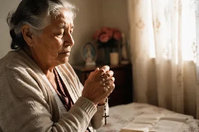 Elderly Woman Praying with Rosary Beads