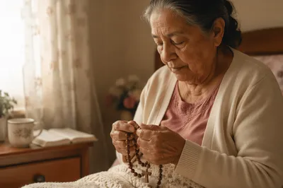 Elderly Woman Holding Rosary by Window