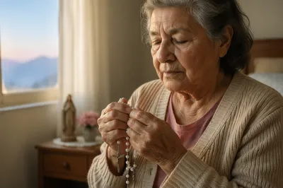 Elderly Woman Praying with Rosary Beads
