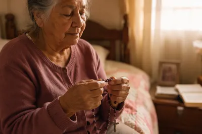 Elderly Woman Holding Rosary by Window