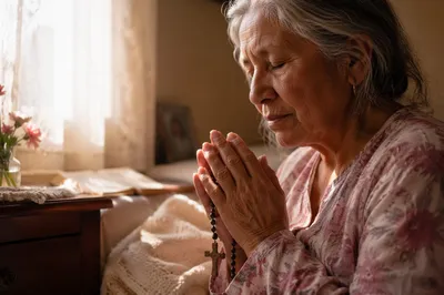 Elderly Woman Holding Rosary in Prayer
