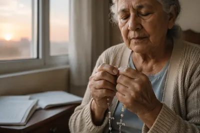 Elderly Woman Holding Rosary by Window