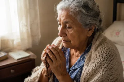 Elderly Woman Praying with Rosary Beads