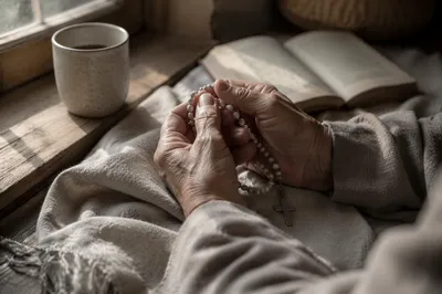 Elderly Hands Holding Rosary in Morning Prayer