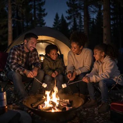 Family Camping by Tent at Night