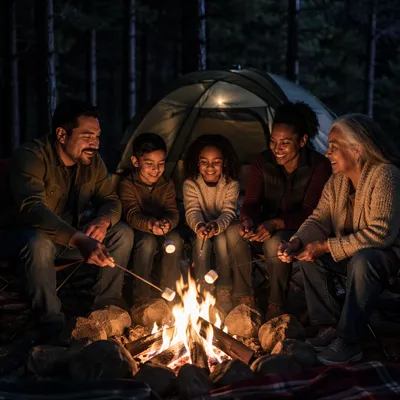 Family Camping by Campfire at Night