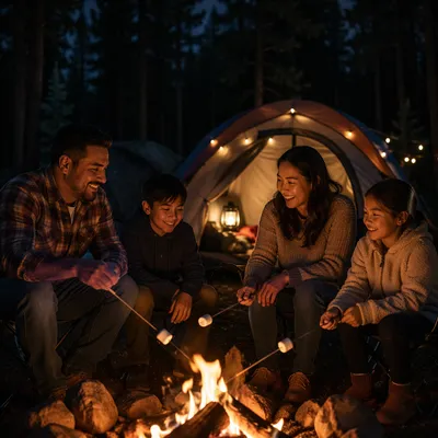 Family Roasting Marshmallows by Tent at Night