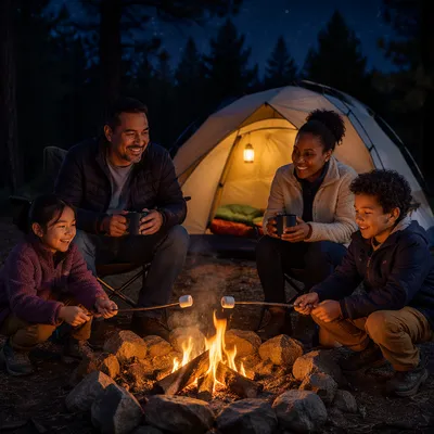 Family Camping by Campfire at Night