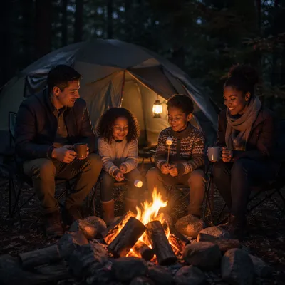 Family Camping by Tent at Night