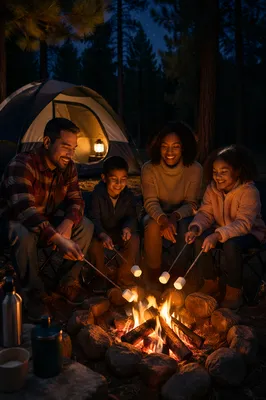 Family Roasting Marshmallows by Tent at Night