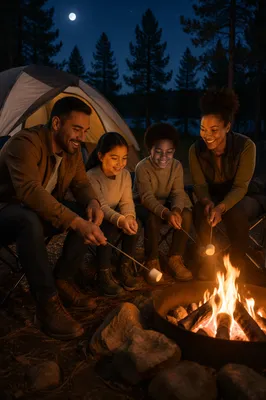 Family Camping by Fire at Night
