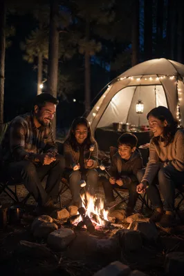 Family Roasting Marshmallows by Tent at Night