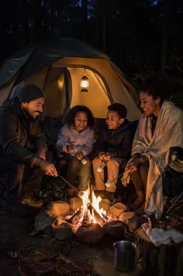Family Roasting Marshmallows by Tent at Night