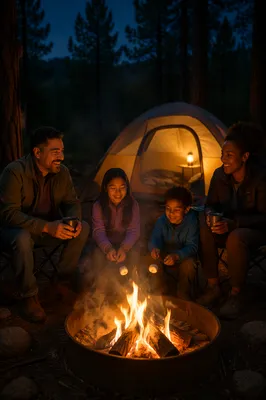 Family Camping by Campfire at Night