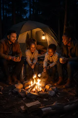 Family Camping by Campfire at Night