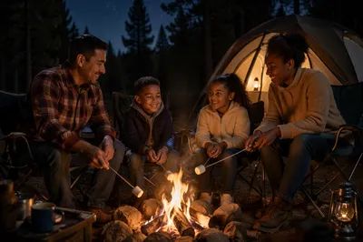 Family Roasting Marshmallows by Tent at Night