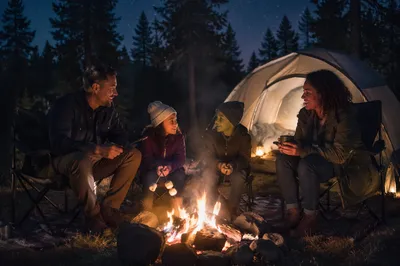 Family Roasting Marshmallows by Campfire at Night