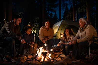 Family Roasting Marshmallows by Night Campfire