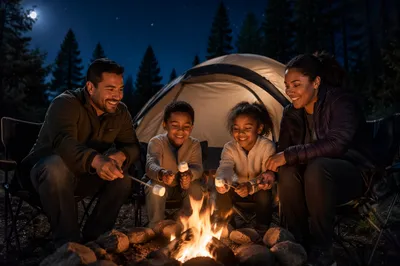 Family Camping by Campfire at Night