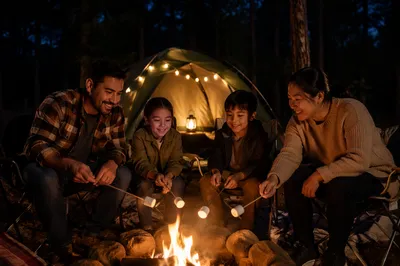 Family Roasting Marshmallows by Tent at Night