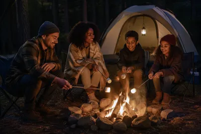 Family Roasting Marshmallows by Tent at Night