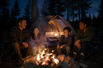 Family Camping by Campfire at Night