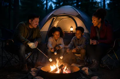 Family Camping by Campfire at Night