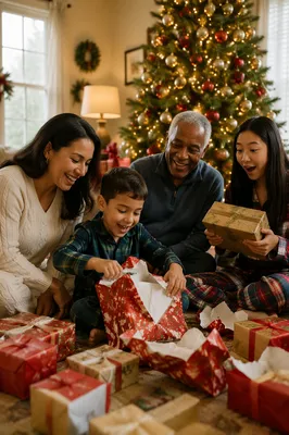 Family Opening Presents by Christmas Tree