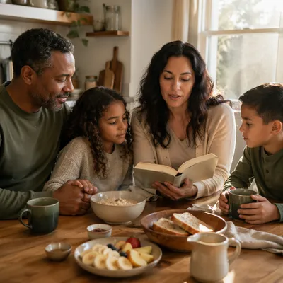 Family Reading Together at Breakfast Table