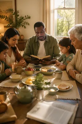 Family Reading Bible at Breakfast Table