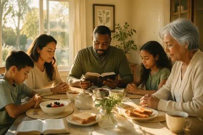 Family Listening Around Breakfast Table Bible Reading
