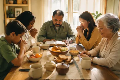 Family Morning Devotional at Breakfast Table