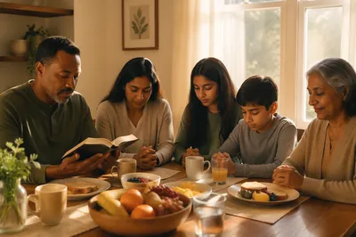 Family Morning Devotional at Breakfast Table
