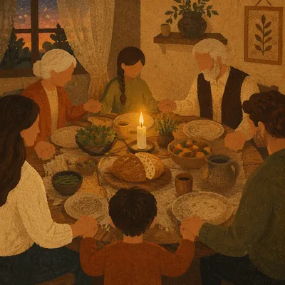Candlelit Family Gratitude Dinner Around Rustic Table