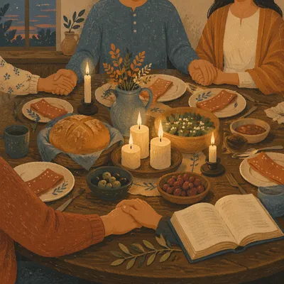 Candlelit Family Gratitude Dinner Around Rustic Table