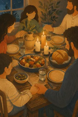 Candlelit Family Gratitude Dinner Around Rustic Table