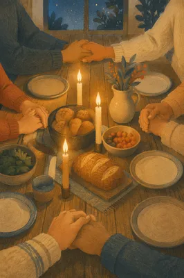 Candlelit Family Prayer Around Rustic Dinner Table