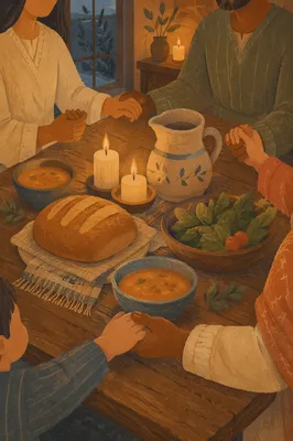 Candlelit Family Gratitude Around Rustic Table