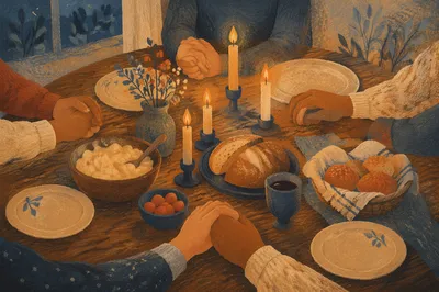 Family Dinner Prayer by Candlelight