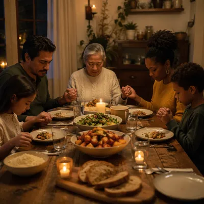 Family Holding Hands Before Candlelit Dinner