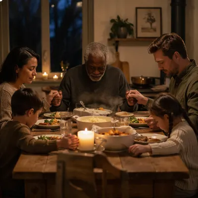 Family Holding Hands at Candlelit Dinner