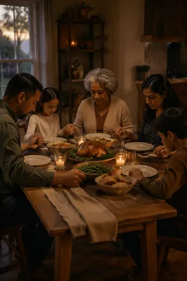 Family Holding Hands at Candlelit Dinner