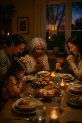 Family Dinner by Candlelight at Dusk