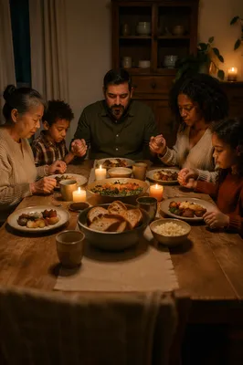 Family Holding Hands Before Candlelit Dinner