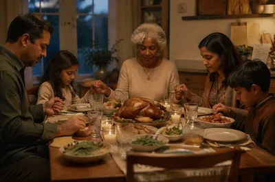 Family Giving Thanks at Candlelit Dinner