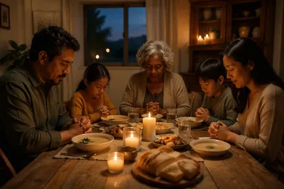 Family Dinner by Candlelight at Dusk
