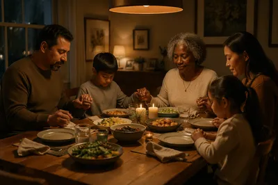 Family Holding Hands at Dinner Table