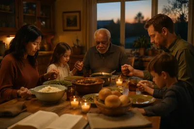 Family Giving Thanks at Candlelit Dinner
